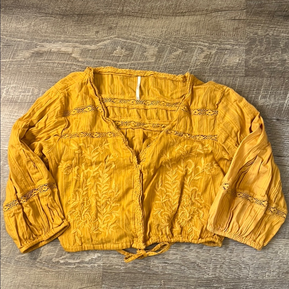 Free People Embroidered Golden Mustard Yellow Follow Your Heart Crop Top SZ XS